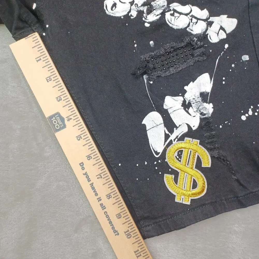 Waimea Black Skinny Fit Jean Shorts Men Size 32 Money Graffiti Paint Streetwear